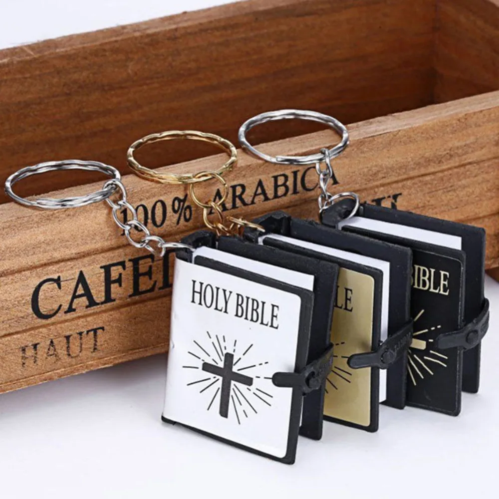 Mini Bible Key Chains Holy Bible Book Hanging Pendant Keychain Keyring Holder Religious Christian Key Chains Metal Ring Lovely