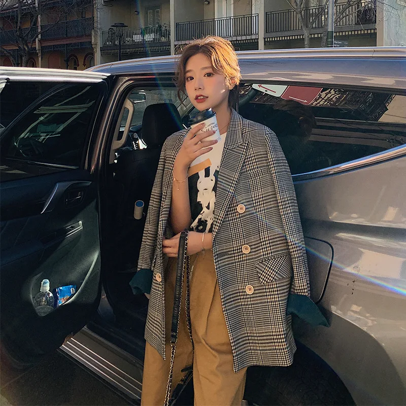 

2019 Autumn New Style Contrast Color Joint Plaid Suit Jacket Ol Commuting Small Suit Coat Women's Autumn