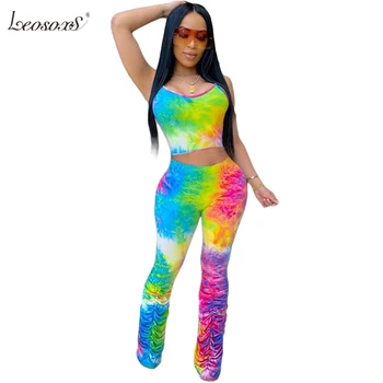 

Tie Dye Sexy Two Piece Set Women Summer Festival Clothing 2020 2 Piece Set Crop Top And Stacked Pants Matching Sets Club Outfits