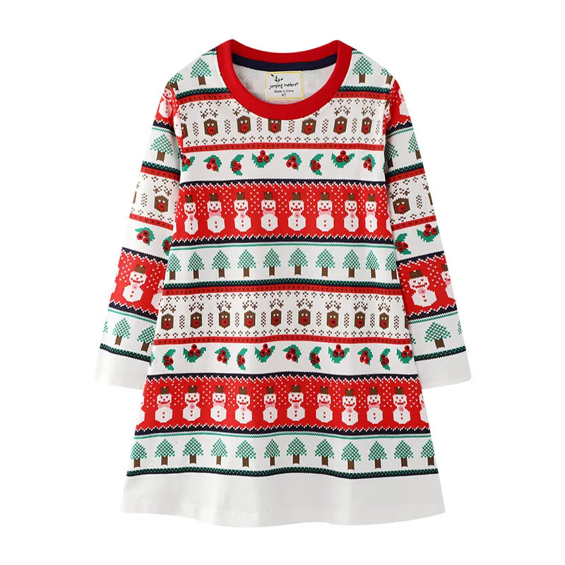 Jumping meter/рождественские платья принцессы для девочек; хлопковые вечерние платья со снеговиком для детей на свадьбу; Детские платья с длинными рукавами для девочек