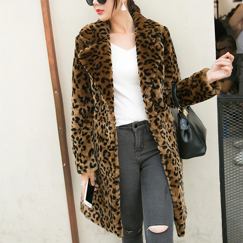 Leopard Пальто из искусственного меха леопардовой расцветки, женское плюшевое тонкое длинное зимнее пальто с отворотом, Толстая Женская куртка из искусственного меха, большие размеры, винтажная элегантная плюшевая одежда - Цвет: Leopard