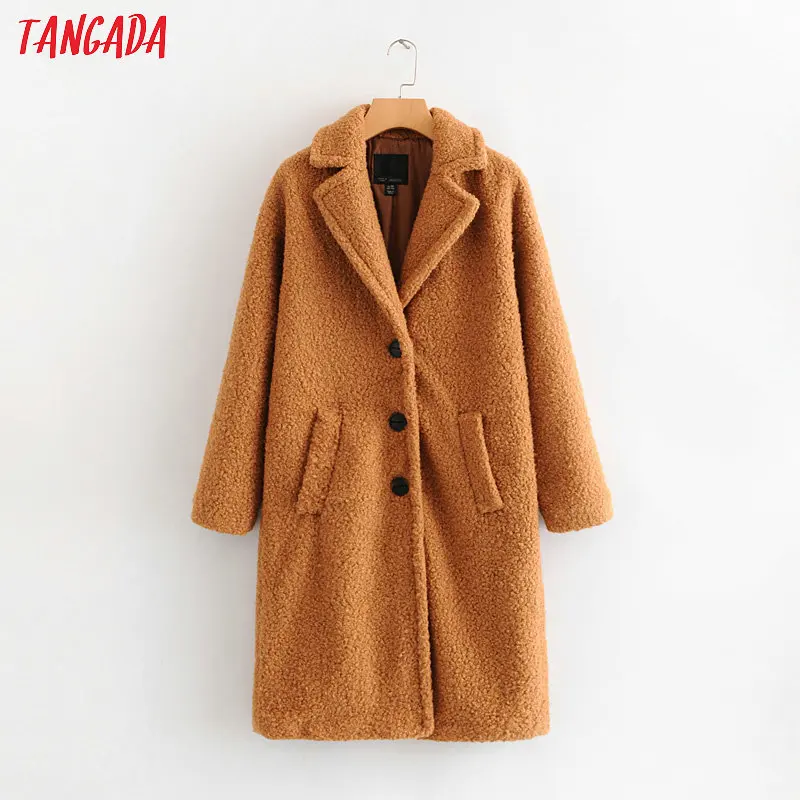 Tangada Elegant Winter Women black teddy Long Coat Jacket pocket buttons long sleeve Casual solid Overcoat HY187