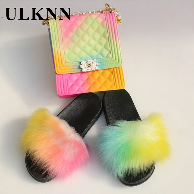 

ULKNN Fur Slippers For Kids Chain Bag Breathable Antislip Children Footwear Girl's Fashion Round Toe Comfortable Shoes
