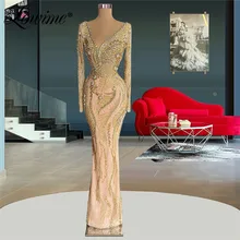 

Lowime Elegant Formal Long Sleeves Evening Dresses New Arrival Lace Sparkly Crystals Beaded Women Party Gowns 2022 Prom Dresses