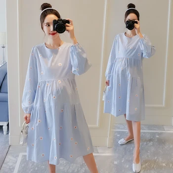 

1721# Floral Embroidery Cotton Maternity Dress Autumn Long Sleeve Loose Clothes for Pregnant Women Sweet Elegant Pregnancy Dress