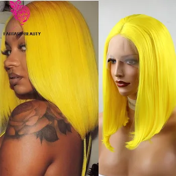 

Soft Hair Light Yellow Natural Straight Short Bob Heat Resistant Synthetic Lace Front Wigs for Women Party With Natural Hairline
