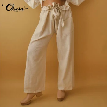 

2020 Summer Female Trousers Women Celmia Vintage Linen High Waist Belted Long Pants Fashion Causal Loose Pantalon Palazzo Pant