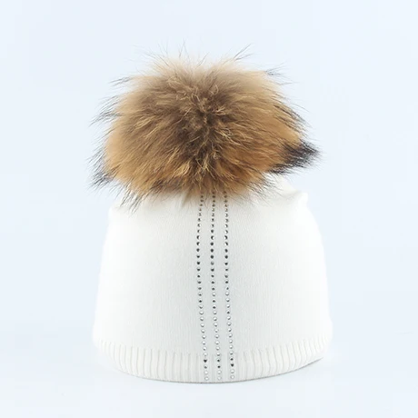 Милая зимняя теплая вязаная шапка для маленьких мальчиков и девочек, шерстяная Круглая Шапочка со стразами, шапка с помпоном из натурального меха - Цвет: Белый
