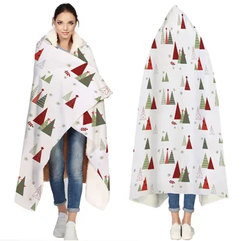 

Merry Christams Tree Cartoon Portable Wearable Fluffy Custom Hooded Blanket Fleece Hooded Throw WrapBed Blanket