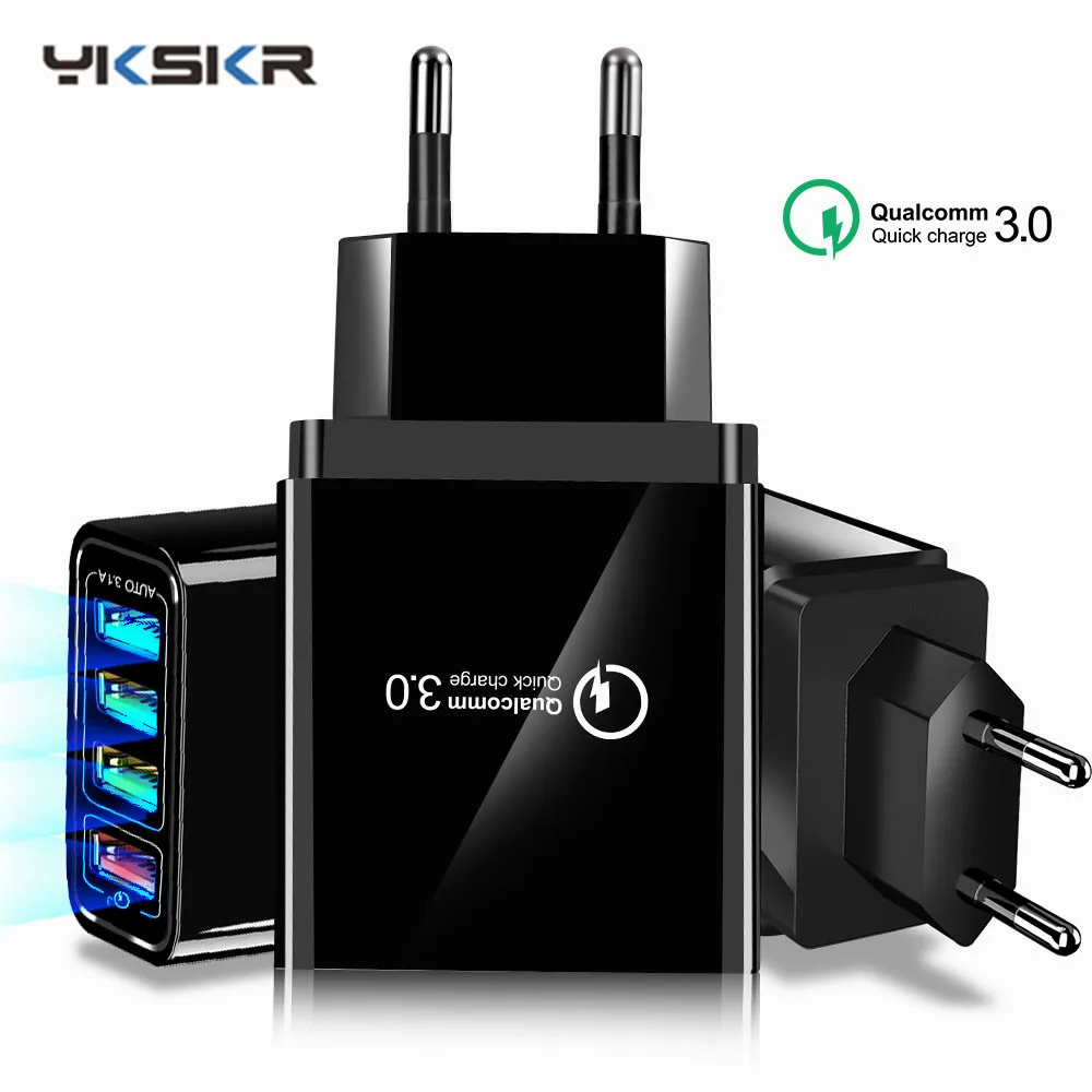 

48W Quick Charge 3.0 USB Charger Wall-Mounted Phone Charger four USB plug, for iPhone 7 Huawei P20 Samsung US EU UK Plug Adapte