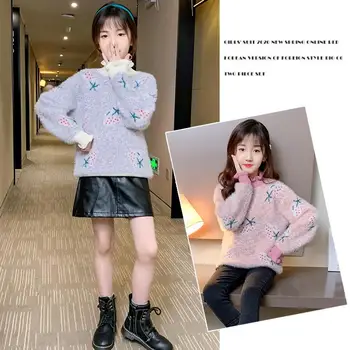 

Top Quality School Girl Turtleneck Sweater Baby Girl Sweater Embroidery Floral Pattern Flower Knitwear 5 6 7 8 9 11 13 Years Old