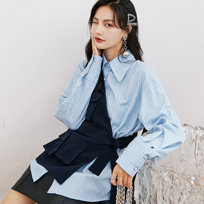 [EAM] Women Blue Striped Irregular Big Size Blouse