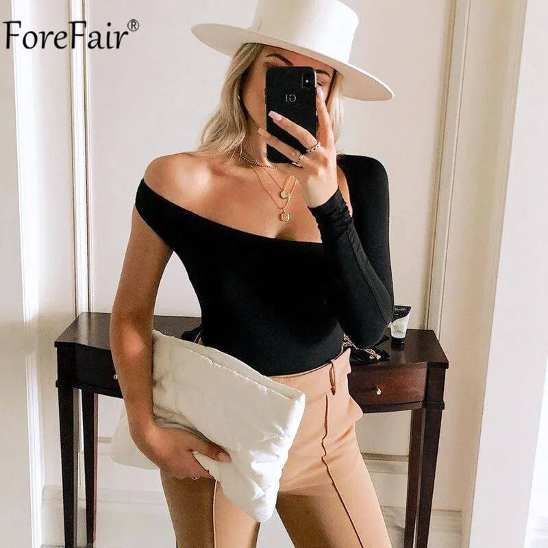 Черный Forefair, на одно плечо, с открытой спиной, женский боди, осень, лето, сексуальный, черный, белый, красный, Клубная одежда, повседневные боди - Цвет: Черный