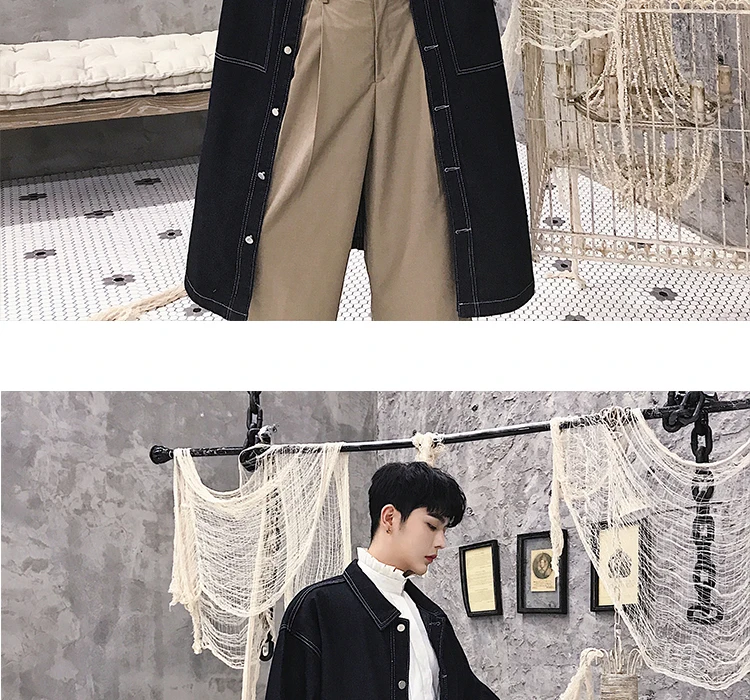 Men Long Casual Denim Trench Coat Streetwear Hip Hop Fashion Loose Cowboy Cardigan Jacket Male Jean Windbreaker Overcoat