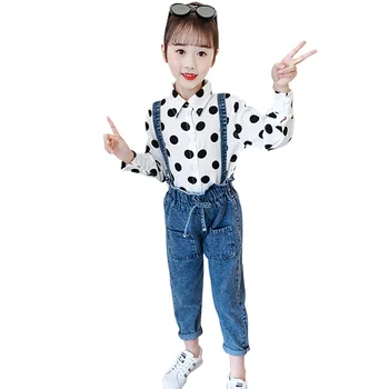

Teen Girls Clothing Dot Pattern Girl Clothes Blouse + Denim Jumpsuit Girls Clothes Set Casual Style Tracksuit Kids