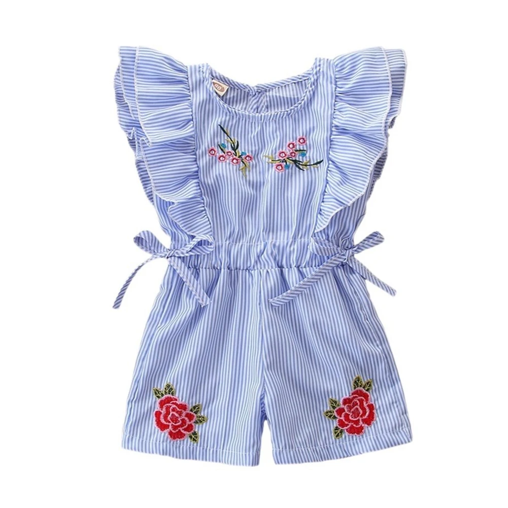 Girls Blue Thin Embroidered one-piece Blouse Short-sleeved Summer Baby Romper Rompers 0-4T Playsuit Kid Costumes | Детская одежда и