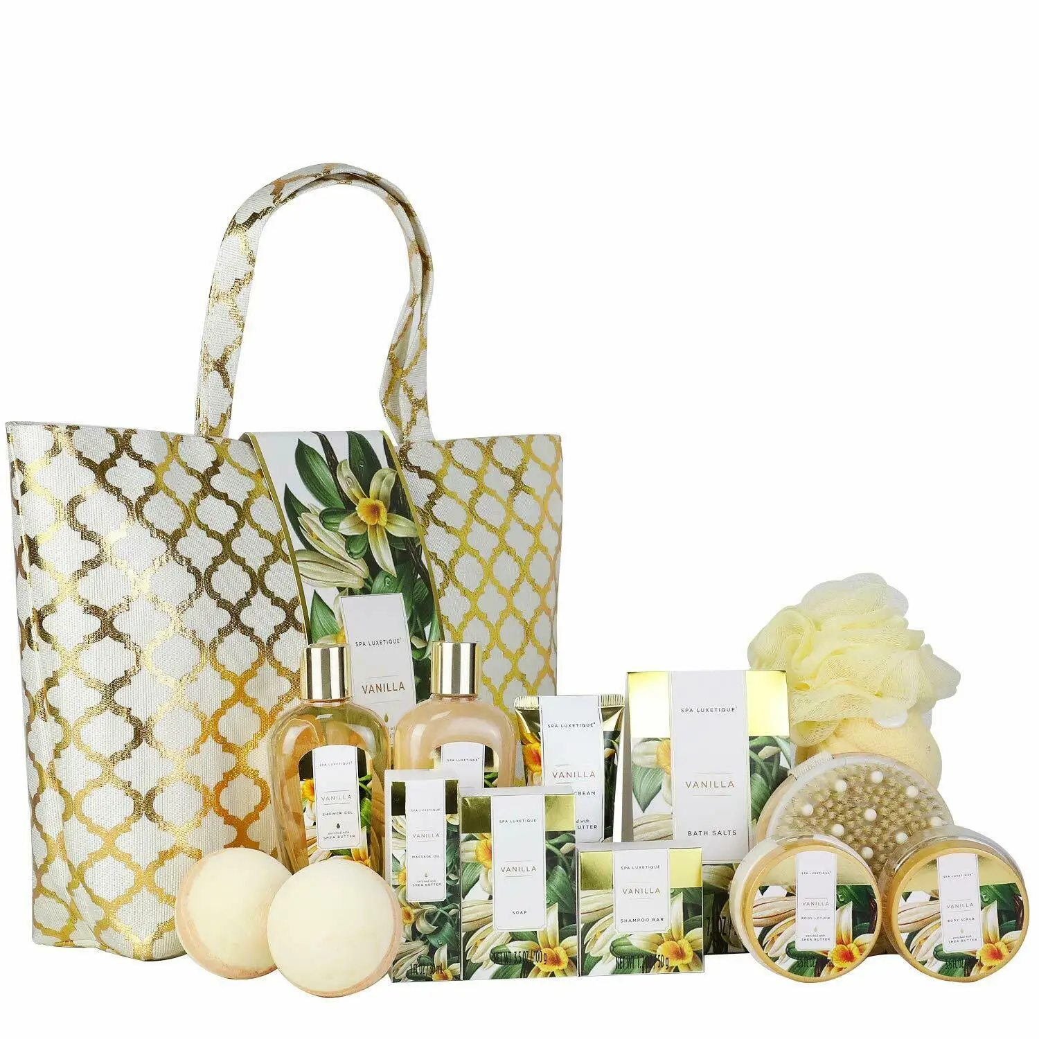 Bath & Body Gift Set for Women, 15pcs Vanilla Fragrance Spa Set in Weaved Gift Basket, Includes Bath Bombs, Massage Oil 1