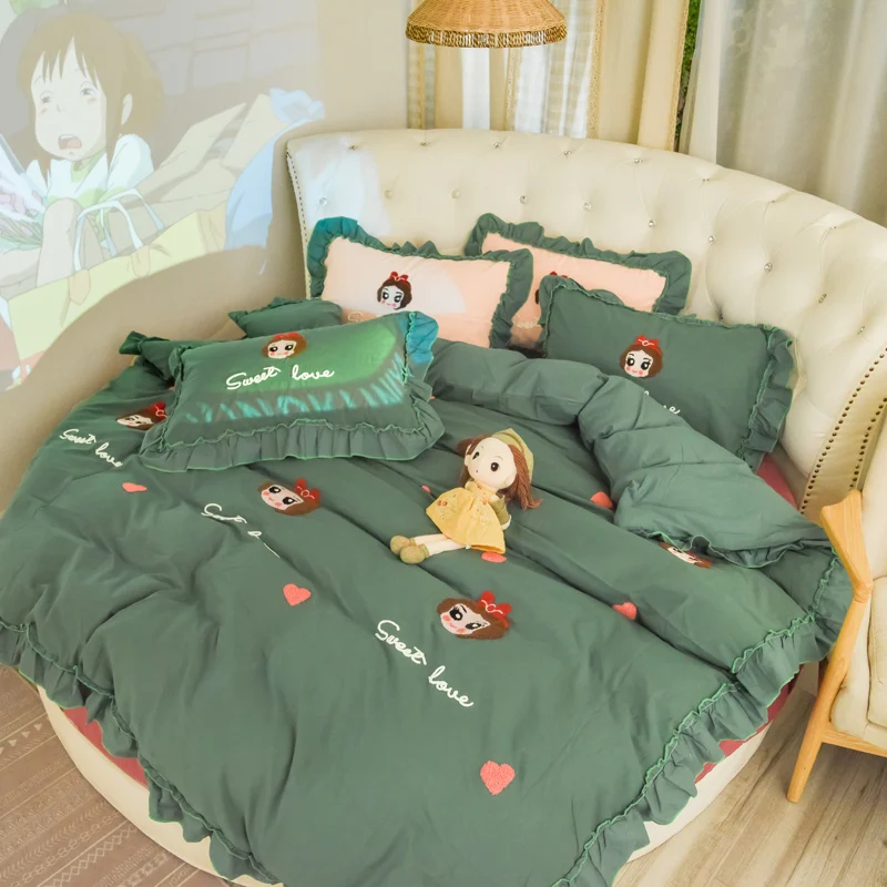 

4PCS 100% Cotton Round Bed Pillowcase Duvet Ruffle Cover Sets Lace Leaf Edge Pillowcase Embroidery Quilt Cover