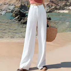 Pantalon taille haute en coton et lin pour femmes, mode coréenne d'été grande taille, jambes larges, décontracté et assorti, D162 
