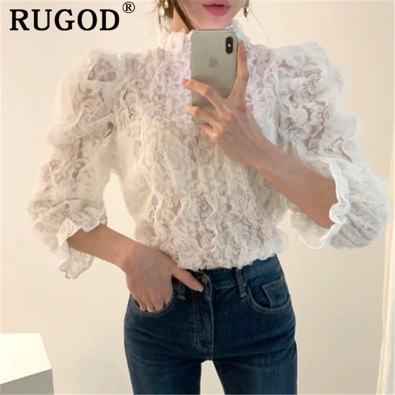 RUGOD Корейская женская блузка Элегантная с круглым вырезом и Расклешенным рукавом