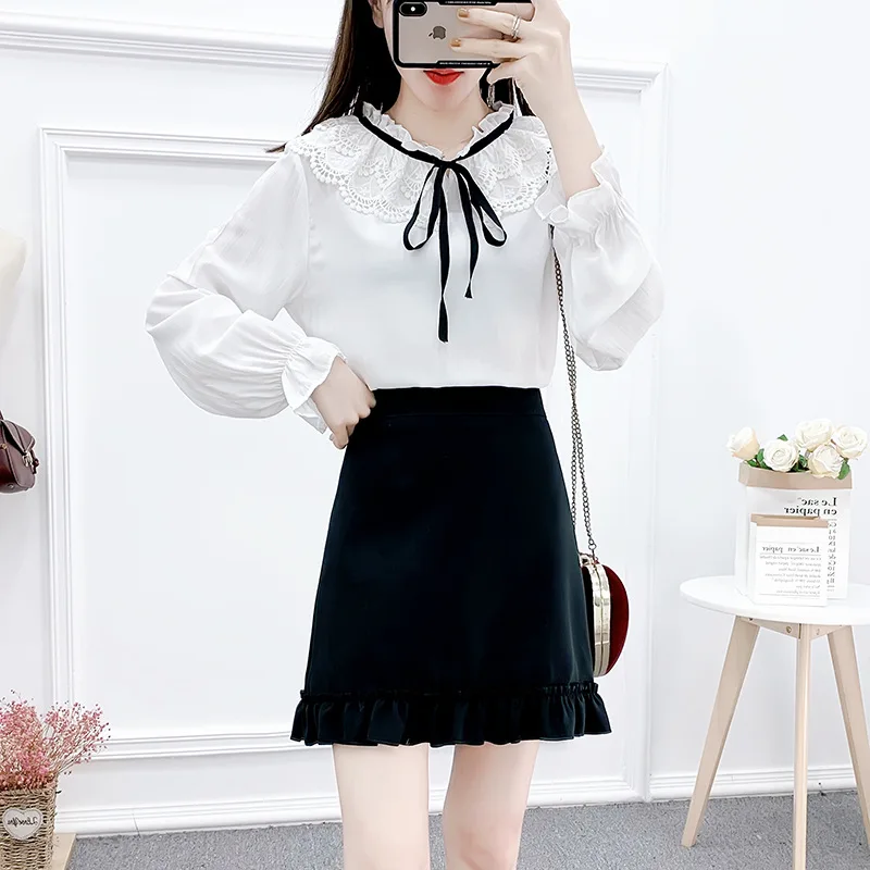 

2020 Spring New Style Ladies' Style Elegant Vintage Tops Frilled Skirt Two-Piece Set GIRL'S Students Dress Outfit