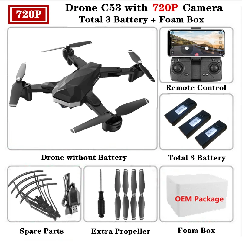 RC Drone C53 складной Дроны для селфи с 4K HD Двойная камера оптический поток следующий Квадрокоптер VS XS809S XS812 Вертолет игрушка - Цвет: 720P-Foam Box-3