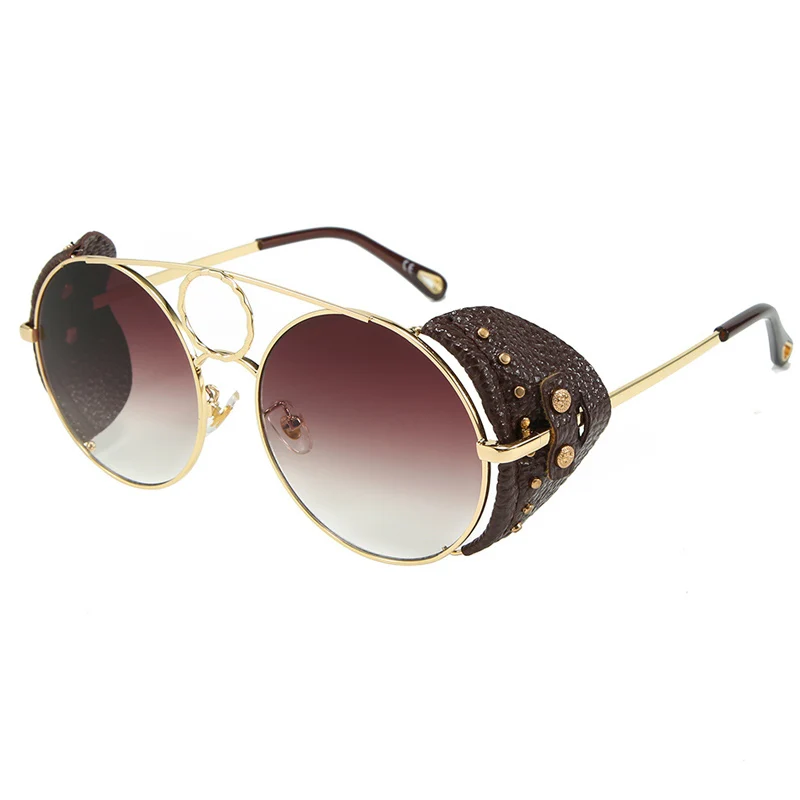 ALOZ MICC Men Steampunk Sunglasses For Men Vintage Leather Rivet Round Sunglasses Women Brand Designer gafas de sol UV400 Q688 - Цвет линз: C5