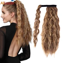

22Inch Straight Ponytail Synthetic Hairpiece Hook&Loop Wrap On Clip Hair Extension Ombre Black Pony Tail Blonde Hair Alileader
