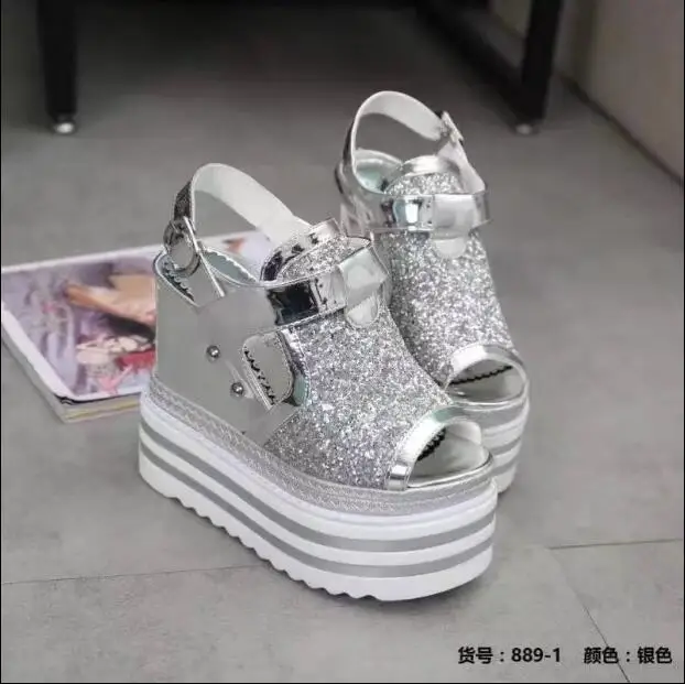 

Sequins open toe thick bottom platform shoes Korean version of the platform super high heel buckle buckle sandals women