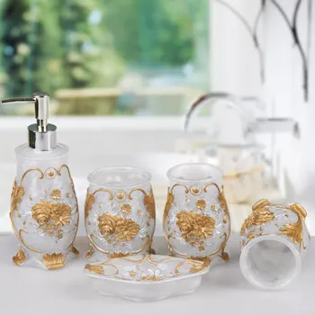 

Retro Bathroom Five-Pieces Set Bathroom Supplies Set Toilet Lotion Bottle Toothbrush Holder Mouthwash Cup Set Soap Dispenser