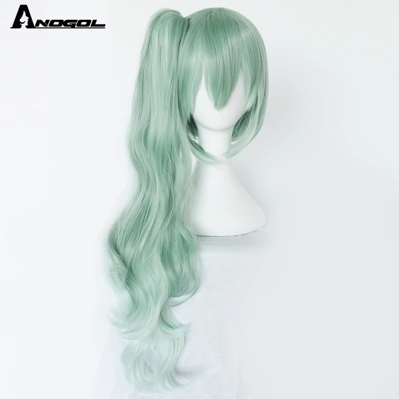Anogol синтетический парик для косплея Vocaloid Hatsune Miku с двойными зелеными хвостиками для Хэллоуина, вечерние, ролевые игры+ черная лента
