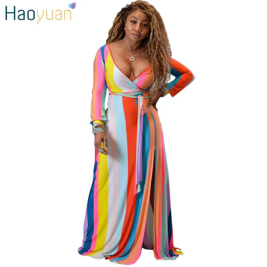

HAOYUAN Women Rainbow Striped Maxi Dress New Arrival Tunic Autumn Vestidos Robe Sexy Bandage Dress Long Sleeve Party Dresses
