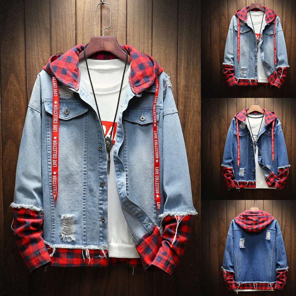 Men\\'s Plaid Denim Jacket Hooded Men\\'s 