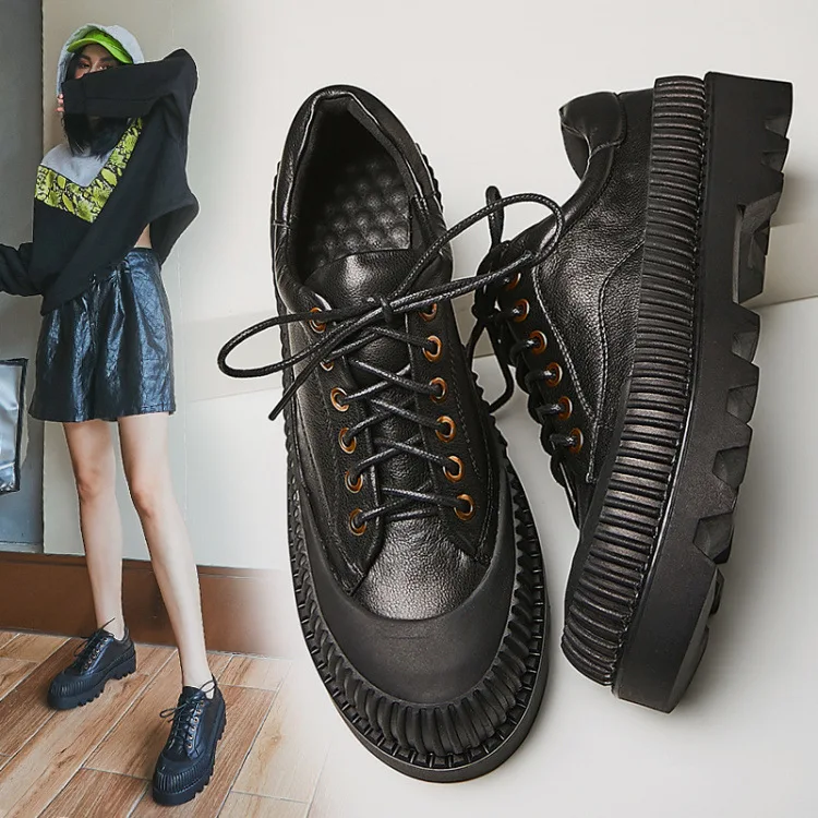 

2019 Autumn New Style Platform Shoes Fashion Lace-up Comfortable Slip-on Loafers Casual WOMEN'S Genuine Leather Shoes Black Shoe