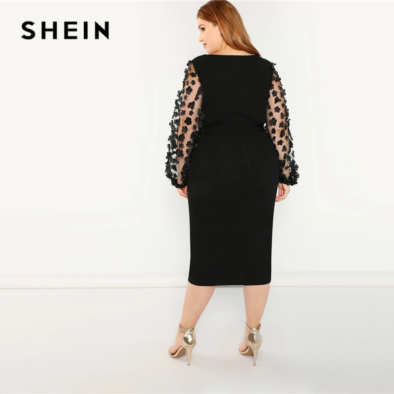 SHEIN Размера Плюс Платье Карандаш С Поясом Сетчатым Рукавом И 3D Вставкой 2019