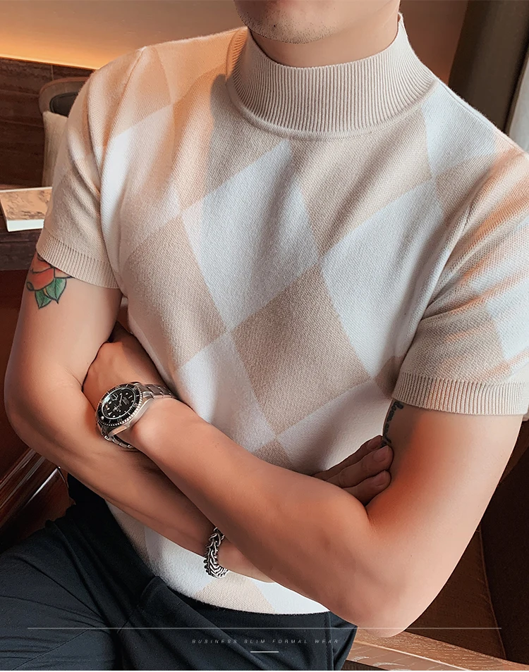 British Style Autumn Winter Short Sleeve Sweater Men Clothing Fashion Diamond Lattice Turtleneck All Match Casual Slim Pullovers