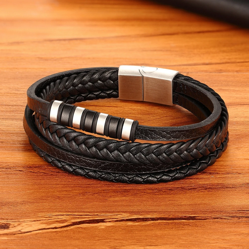 Classic Multi-layer Luxury Style Stainless Steel Men’s Leather Bracelet Hand-woven Customizable DIY Quality Drop Shipping