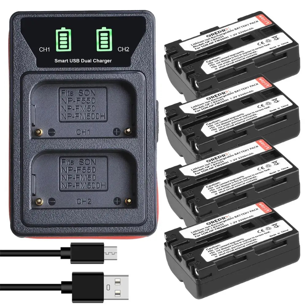 2 Pcs 2200mAh NP-FM500H NP FM500H Battery + LED Dual USB Charger with type-C port for NP-F550 NP-FM50 Sony Alpha A58 A350 A500 