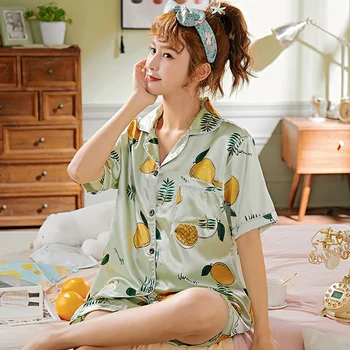 

Short Sleeve Silk Pajamas Spring Women Summer Pajama Sets Fruit cartoon Pijama Sleepwear Pyjamas Plus Size Nightwear Set