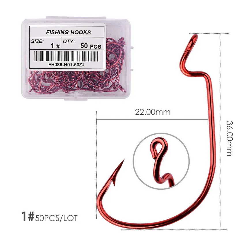Size 1 - 50pcs 50pcs/ Box high-carbon steel fishing hooks 5/0#-6# crank fishing hook lure worm pesca for soft bait fish tackle accessories - Цвет: Size 1 - 50pcs