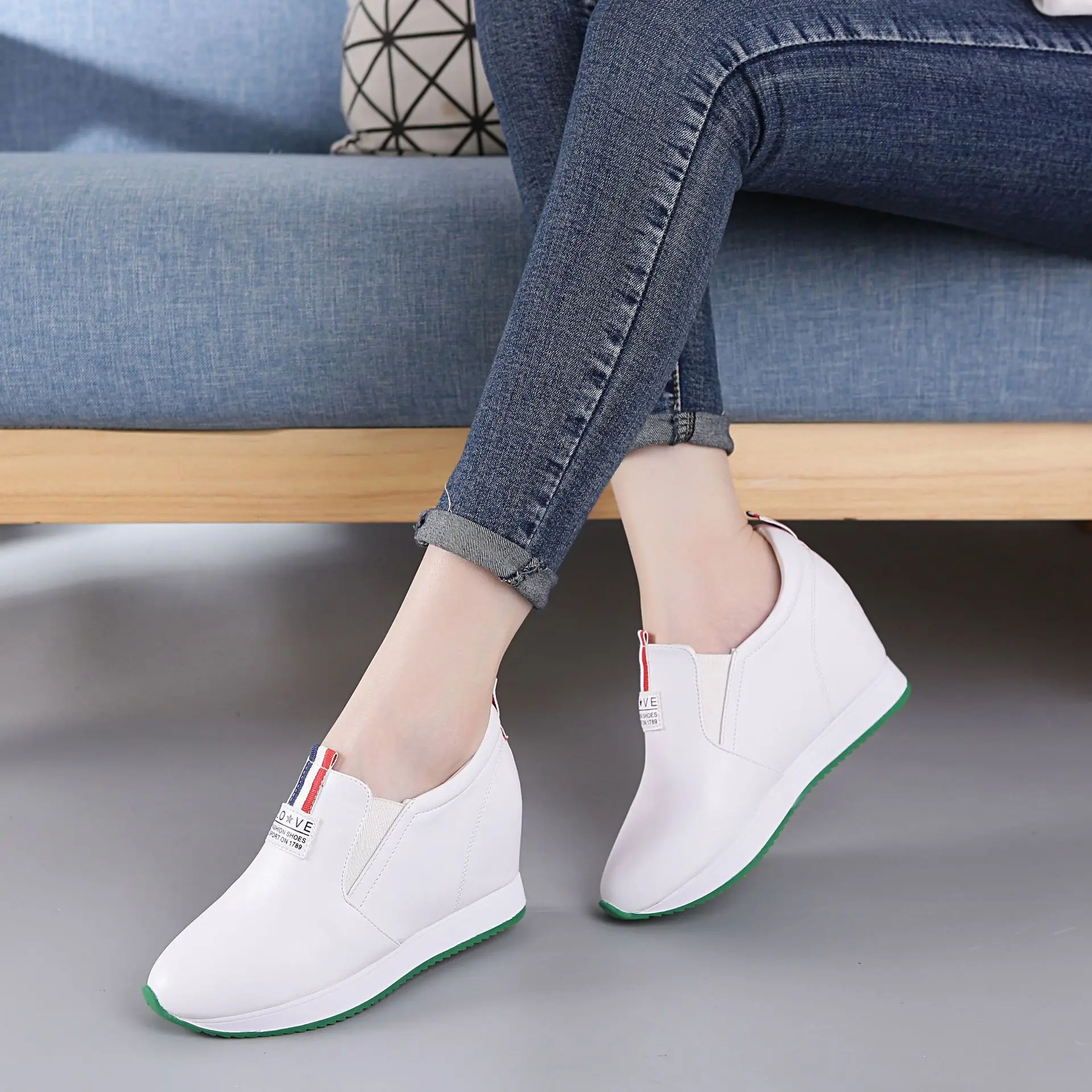 

2018 New Style Autumn White Shoes Versatile Korean-style Casual Shoes Slanted Heel Lazy Slip-on Shoes Elevator WOMEN'S Shoes