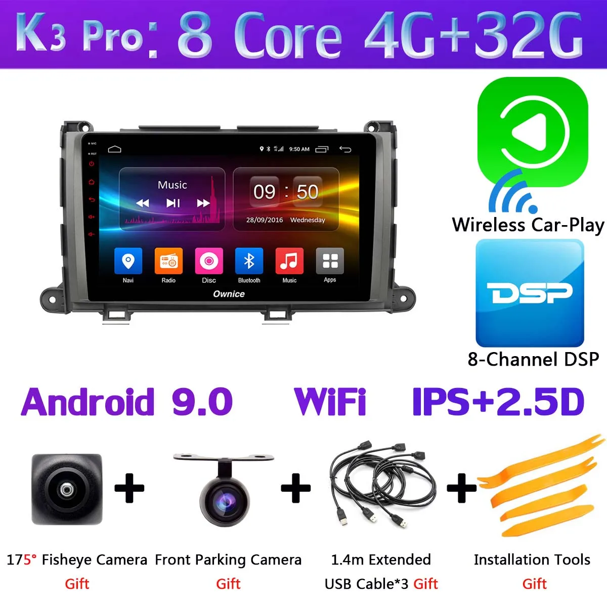 360 ° панорамный 4G SIM 8Core 4G+ 64G Android 9,0 автомобильный мультимедийный плеер радио для Toyota Sienna 2011 2012 2013 gps DSP CarPlay - Цвет: K3 Pro CarPlay