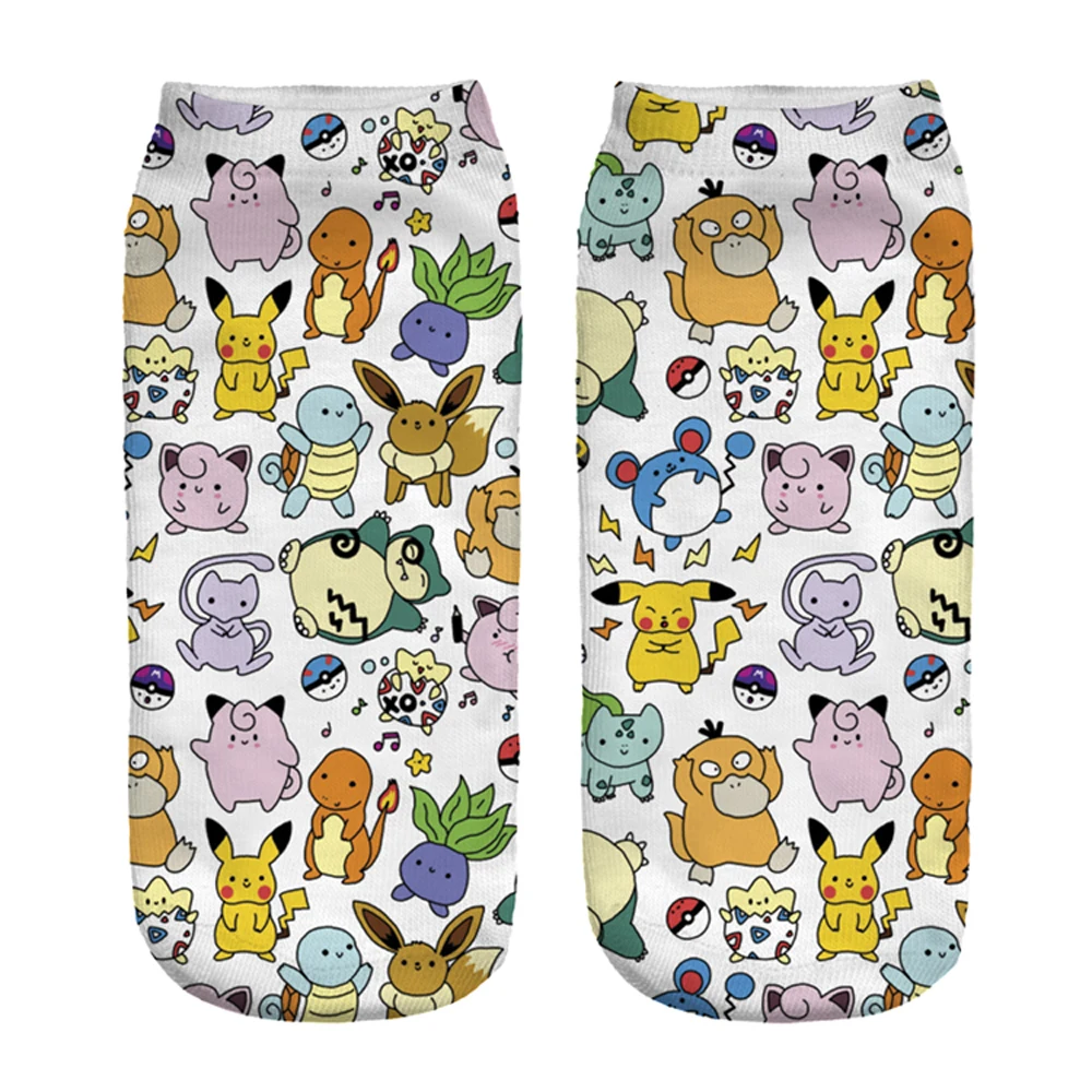 

Cute Animal Cotton Socks Female Kawaii Cartoon Pokemon Summer Short Sock Women Casual Soft sox Funny 3D Cute Pika Printing Socks