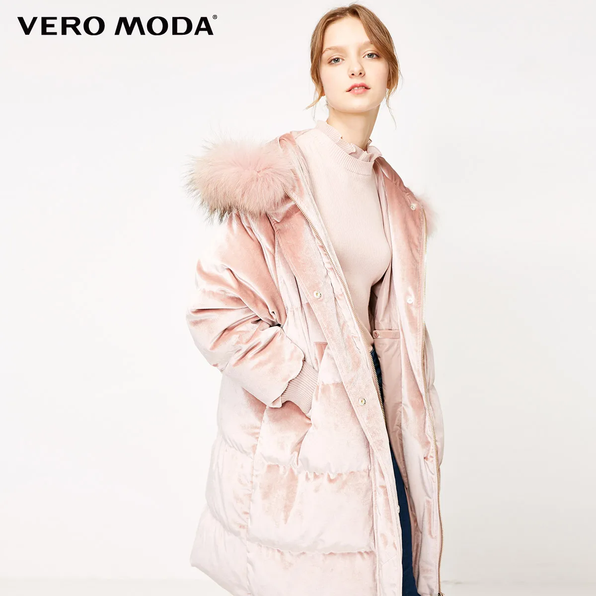 Vero Moda женский 80% белый утиный пух енота меховой воротник съемный пуховик парка пальто | 318412502