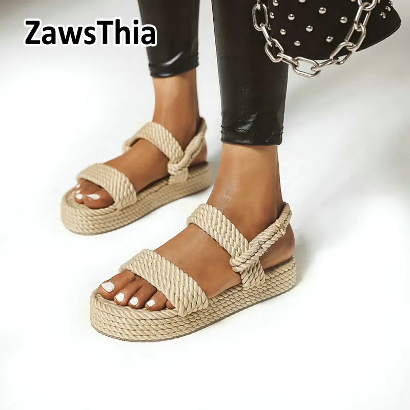 

ZawsThia 2020 summer handmade weave open toe casual flats shoes sandals platform fisherman espadrilles women sandals size 35-43