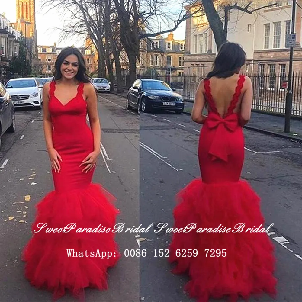 

Fashion Red Tulle Tiered Mermaid Evening Dress 2020 Backless Spaghetti Sweetheat Long Prom Dresses For Women Robe De Soiree