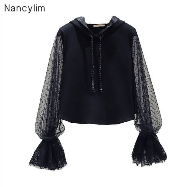 Hooded Sweatshirt Women Spring Autumn Point Embroidery Hollow-out Horn Sleeve Crop Top Hoodie Students Black Hoodies Femme