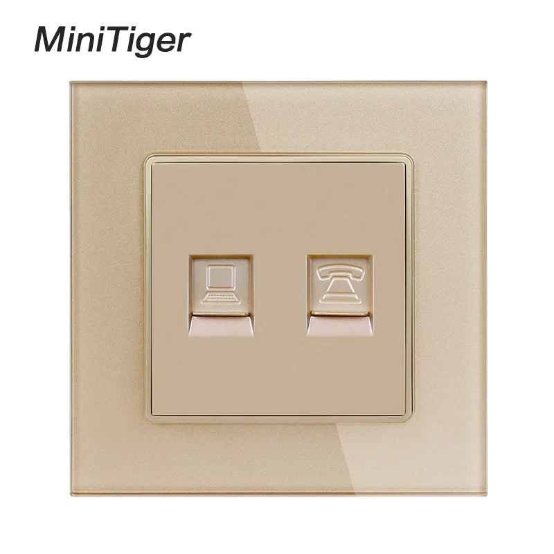 Minitiger белый роскошный кристалл стеклянная панель 1 банда RJ11 Телефон с RJ45 Интернет Джек CAT6 разъем компьютерная розетка