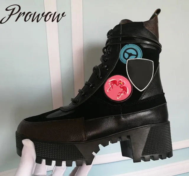 

Prowow Brand Designer Genuine Leather Lace Up Ankle Boots Round Toe Sexy Platform Thick Heel High Heel Boots Shoes Women