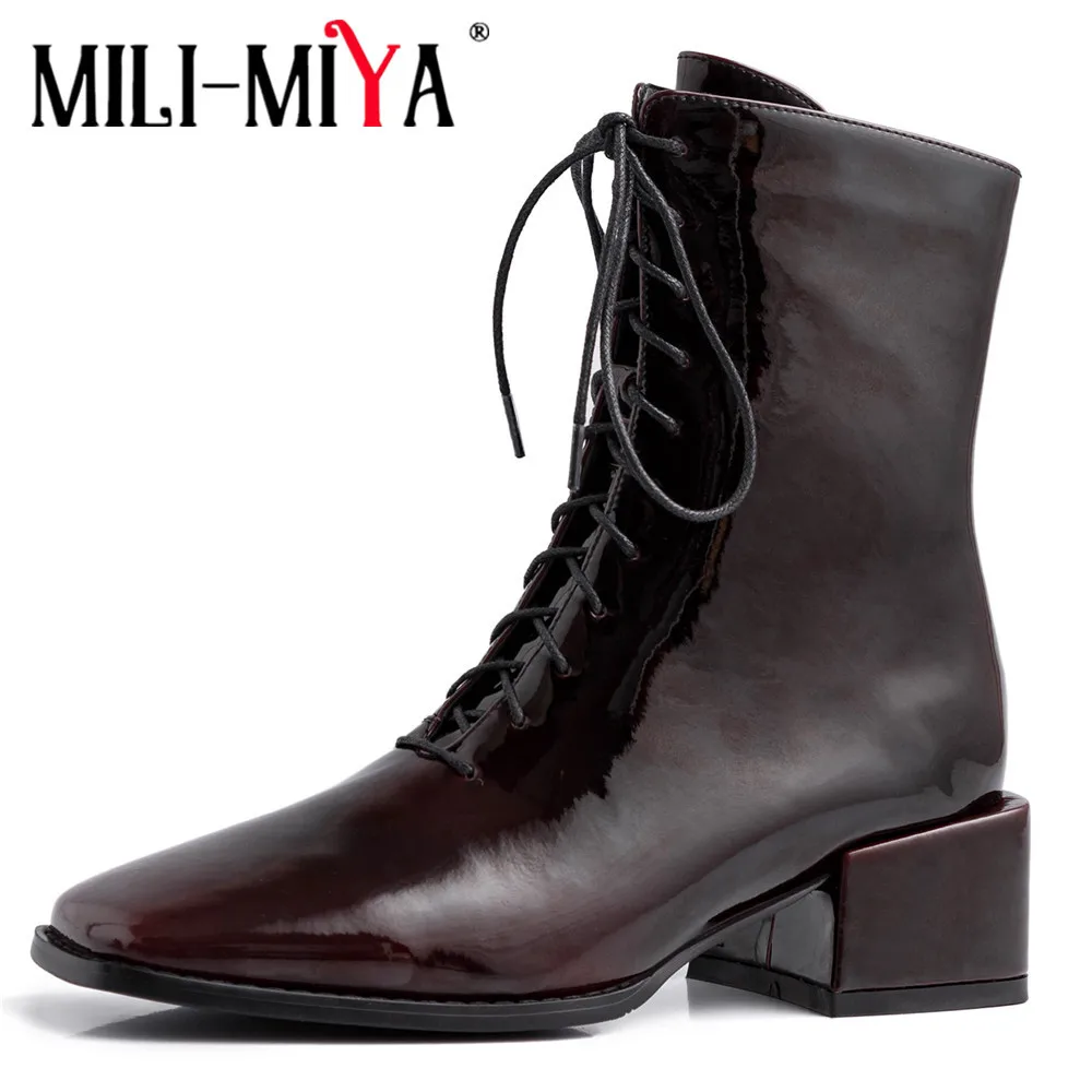 

Женские ботинки со шнуровкой, на молнии, из лакированной кожи